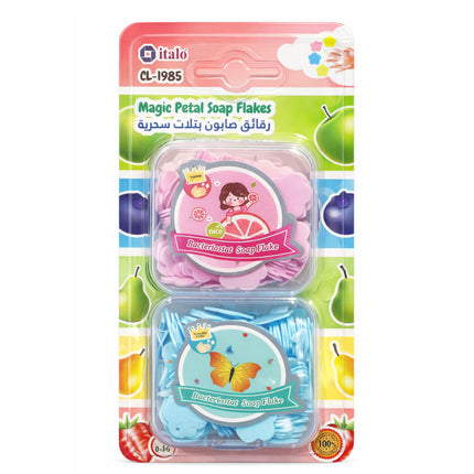 Packaged soap flakes with colorful design and branding on a white background