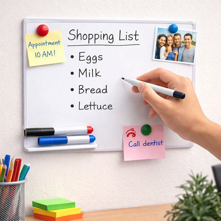 Whiteboard with shopping list, notes, and photos on a wall.