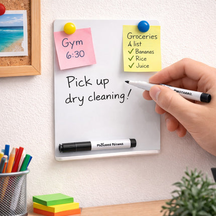 Whiteboard with notes and reminders on a wall, including a hand writing with a marker.