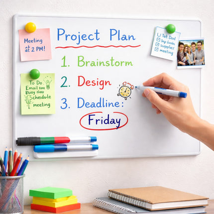 Whiteboard with 'Project Plan' and a hand writing on it, surrounded by office supplies.