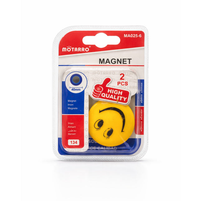 Packaged magnets with a yellow smiley face design on a white background