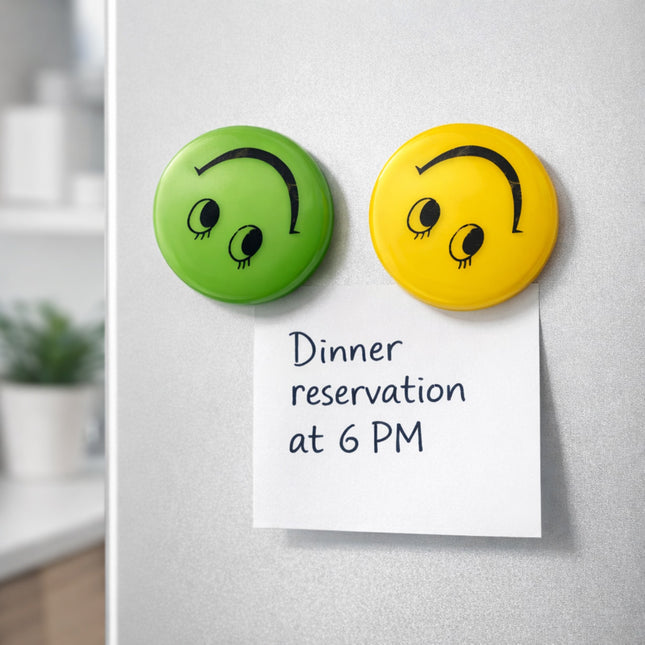Two round magnets on a whiteboard with a note reading 'Dinner reservation at 6 PM'.