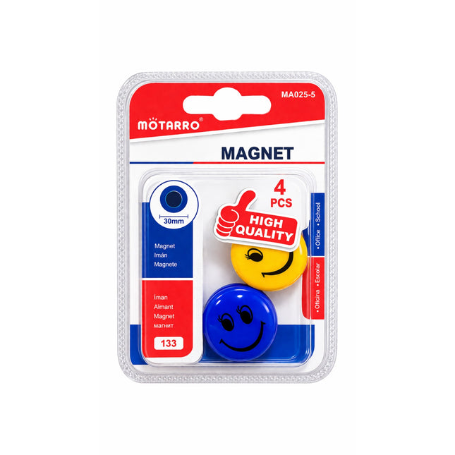 Pack of four magnets with smiley faces on a white background