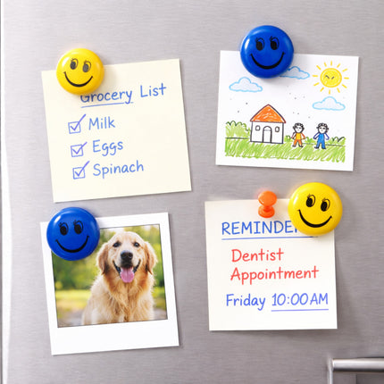 Fridge with notes and photos held by smiley face magnets