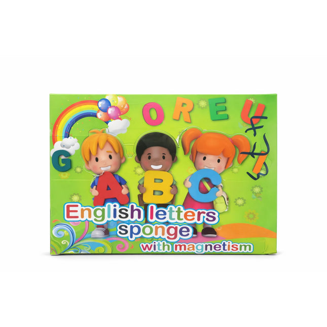 Colorful packaging of English letters sponge with magnetism on a white background