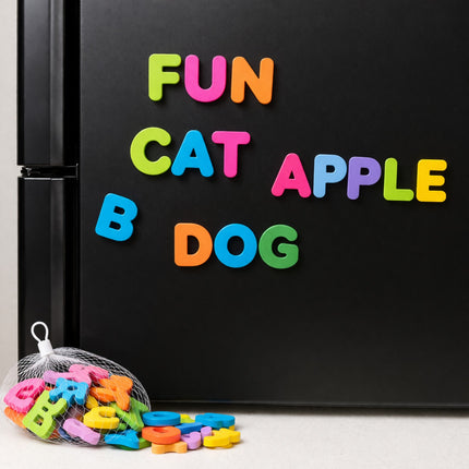 Black refrigerator with colorful magnetic letters spelling out 'FUN CAT APPLE B DOG' on a white surface.