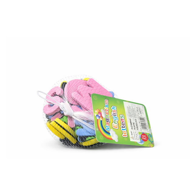 Colorful English letters toy set with a green label on a white background
