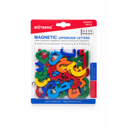 Packaged magnetic uppercase letters with Motarro branding on a white background