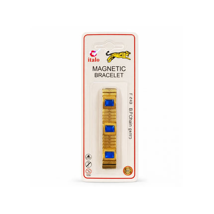 Packaged magnetic bracelet with blue stones on a white background