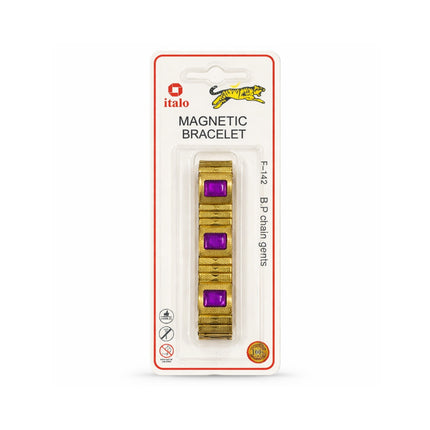 Gold magnetic bracelet with purple stones on a white background