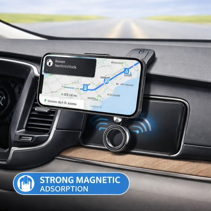 Phone mount on car dashboard with GPS display and 'Strong Magnetic Adsorption' label.