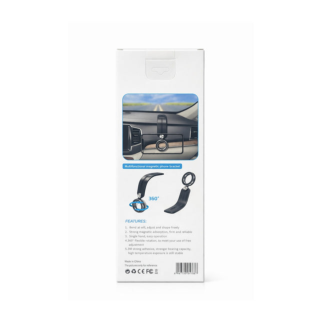 Car mount holder packaging with a car interior image on the top and product images below on a white background.