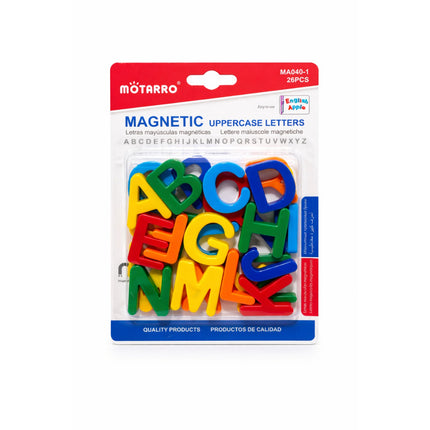 Packaged colorful magnetic uppercase letters with Motarro branding on a white background