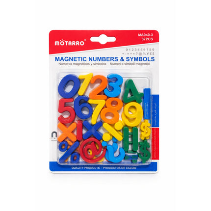 Packaged colorful magnetic numbers and symbols with Motarro branding on a white background