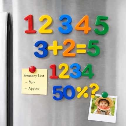 Colorful magnetic numbers and letters on a refrigerator door with a grocery list and photo attached.