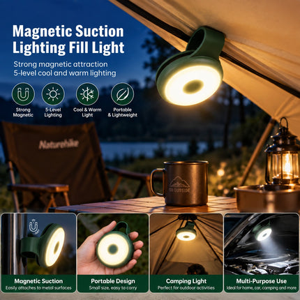 A magnetic outdoor camping light with a green body and glowing warm white light, shown mounted on a tent and held in a hand. The image includes marketing text, feature icons, and four bottom panels demonstrating magnetic suction, portability, camping use, and multi-purpose utility.