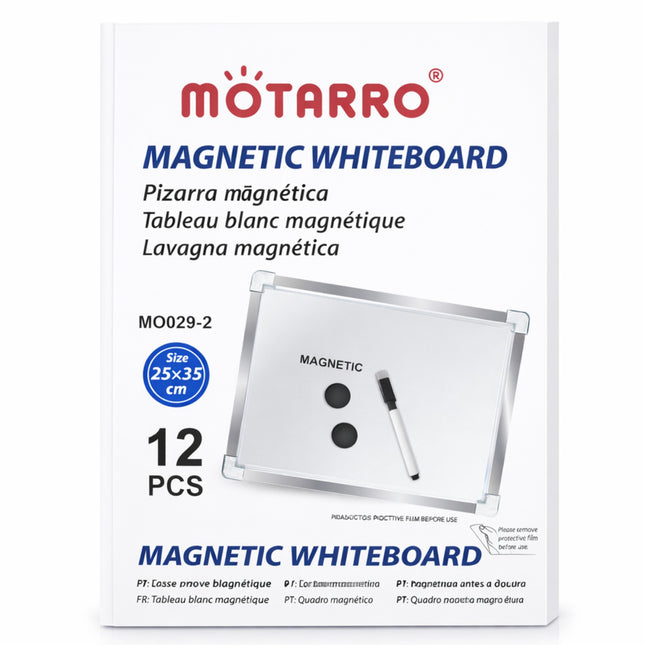 MOTARRO magnetic whiteboard packaging with a whiteboard and marker on a white background