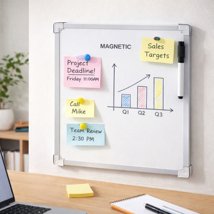Magnetic whiteboard with notes and a laptop on a desk