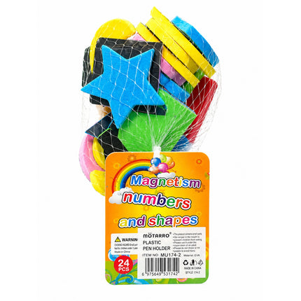 Colorful magnetic numbers and shapes set with packaging on a white background