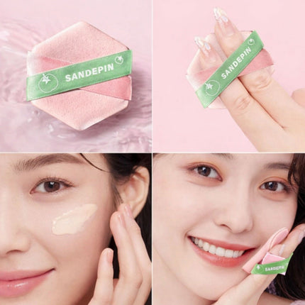 Collage of a pink makeup sponge with 'SandePin' branding, used on a person's face.