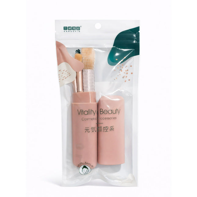 Packaged cosmetic brushes with 'Vitality Beauty' branding on a white background