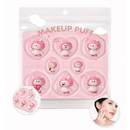 Makeup puff packaging with cartoon characters on a white background