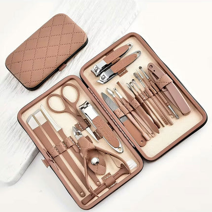 Manicure set with tools in a pink case on a white background