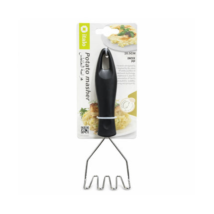 Black potato masher on a white background with packaging displaying images of mashed potatoes.