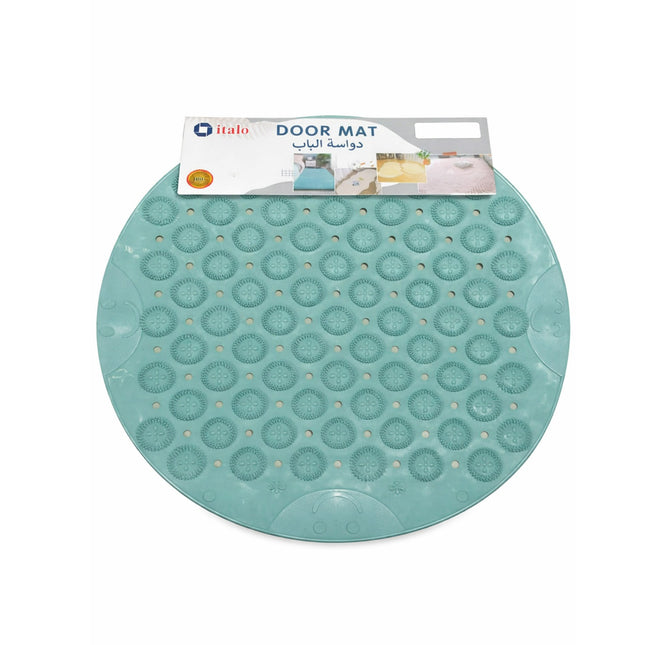 Teal door mat with a textured pattern on a white background