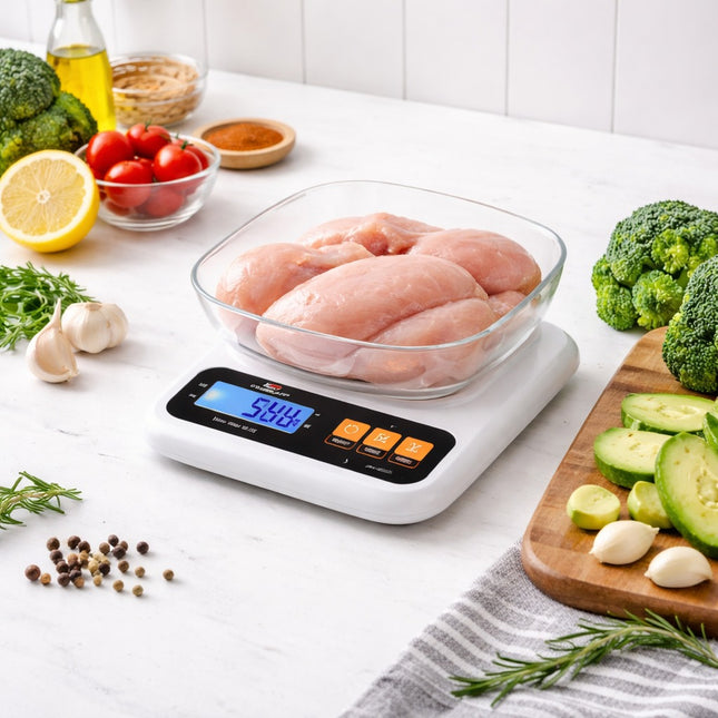 Digital kitchen scale with chicken breasts on a white surface surrounded by vegetables