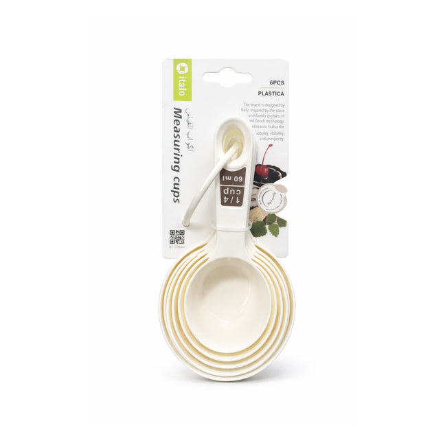 Set of measuring cups with packaging on a white background