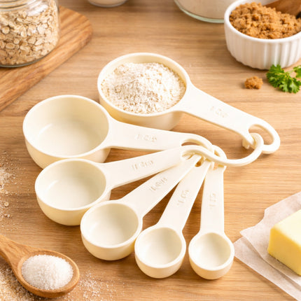 Set of measuring spoons on a wooden surface with ingredients around