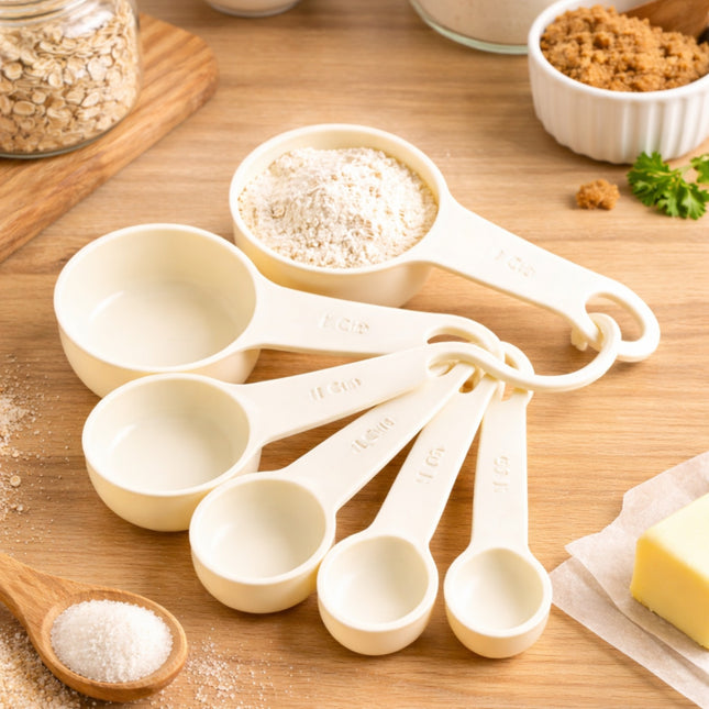 Set of measuring spoons on a wooden surface with ingredients around