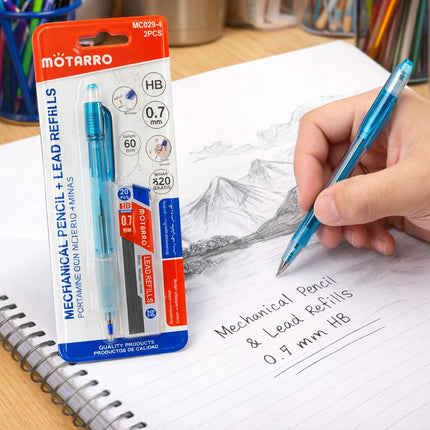 Motarro mechanical pencil and lead refills with a hand holding a pencil and drawing on paper.