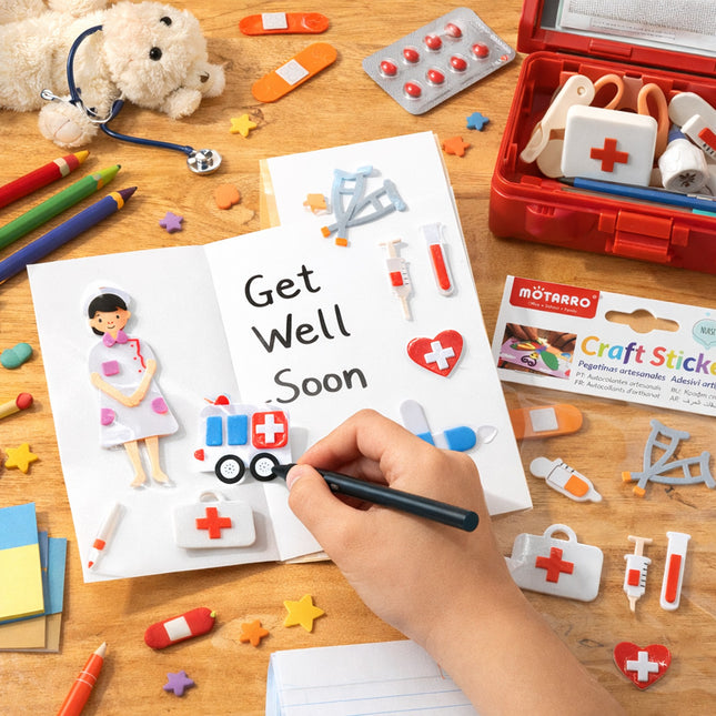 Child's hand writing 'Get Well Soon' on a card with medical-themed stationery items on a wooden surface.