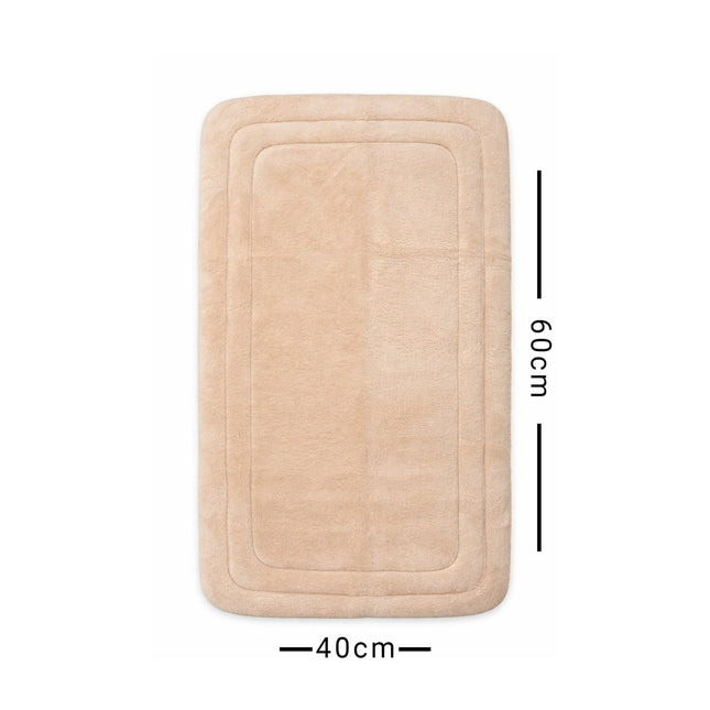 Beige bath mat with dimensions on a white background