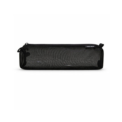 Black mesh pouch with zippers on a white background