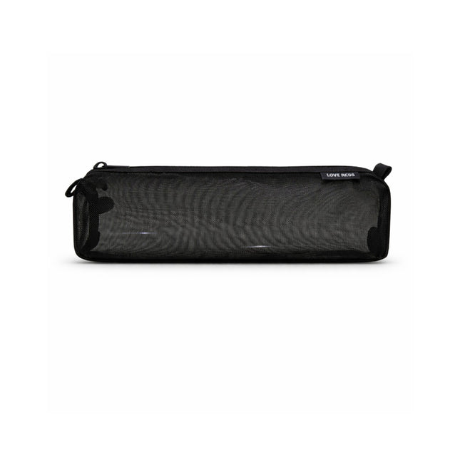 Black mesh pouch with zippers on a white background