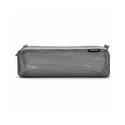 Gray mesh pencil case with a zipper on a white background
