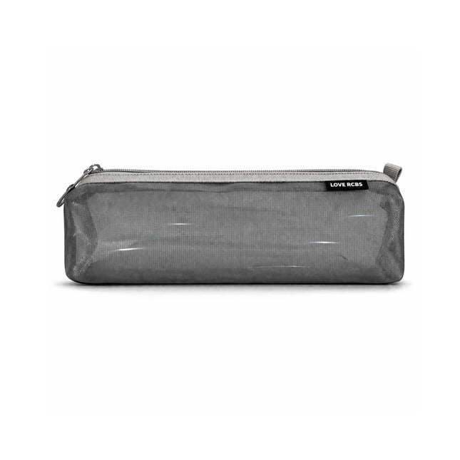 Gray mesh pencil case with a zipper on a white background