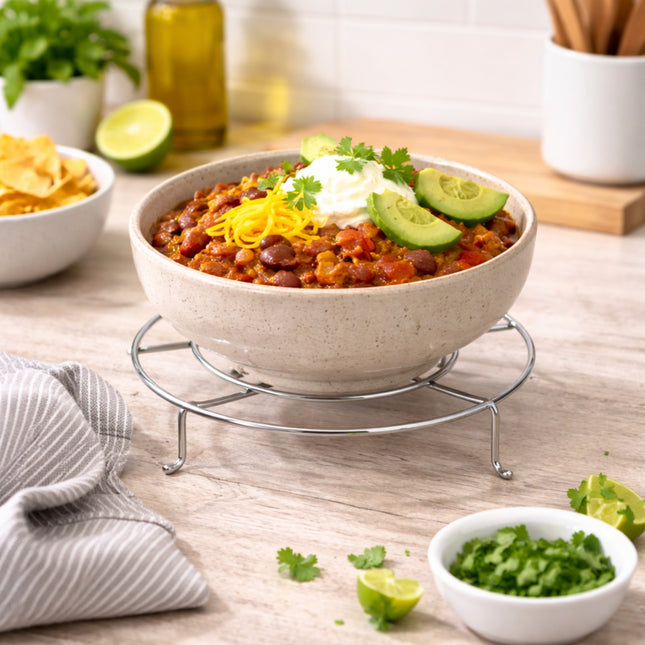 Bowl of chili with toppings on a wooden table