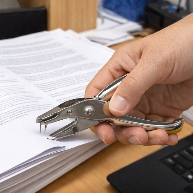 Hand using a hole puncher on a stack of paper with a blurred office background.