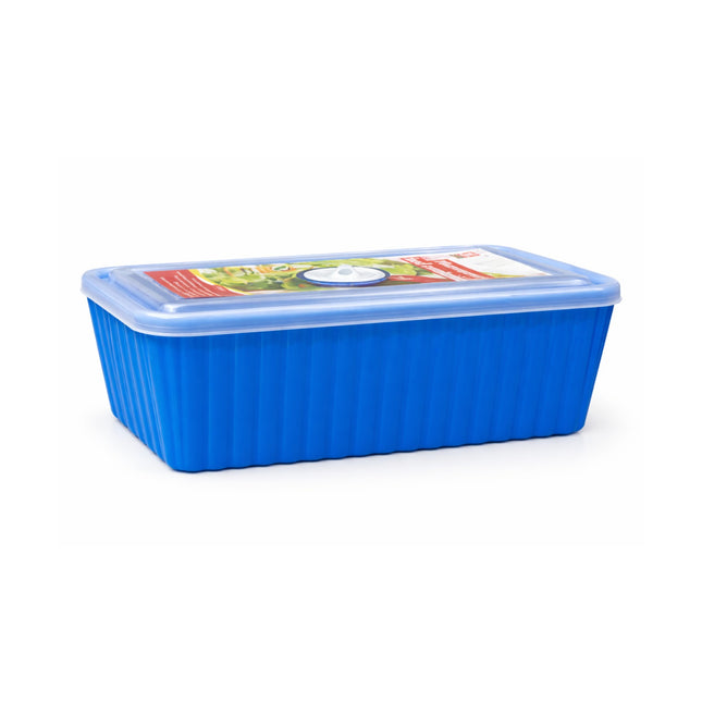 Blue plastic container with a colorful label on a white background