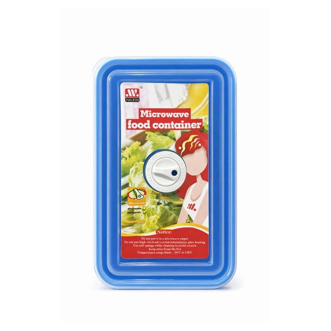 Blue microwave food container with a label on a white background