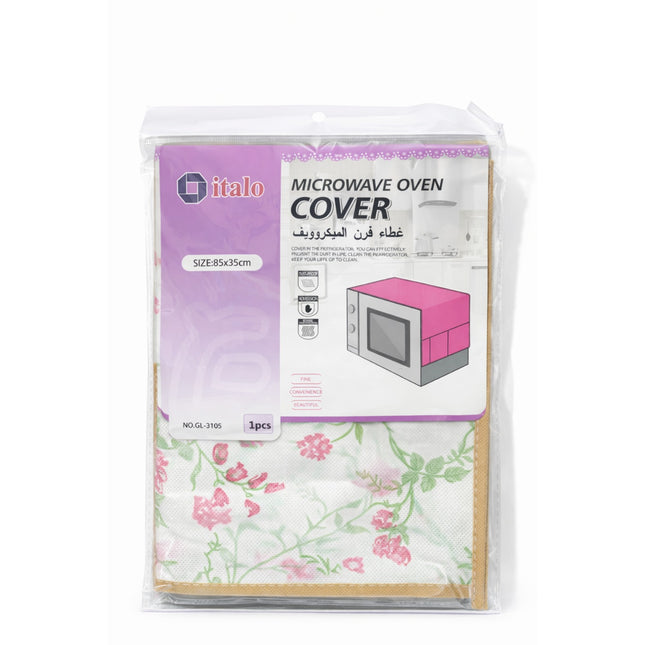 Packaged microwave oven cover with floral design on a white background