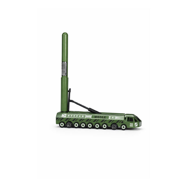 Green toy truck with a missile on a white background