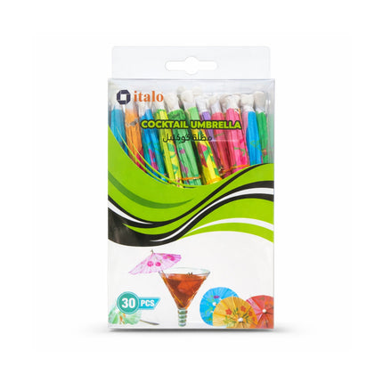 Packaging of Italo cocktail umbrellas with colorful designs on a white background