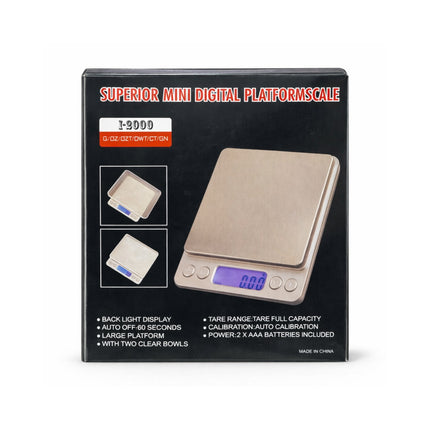 Packaging of a superior mini digital platform scale with features listed.