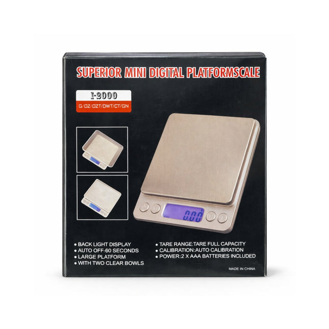 Packaging of a superior mini digital platform scale with features listed.