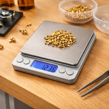 Digital scale with gold particles on a wooden surface